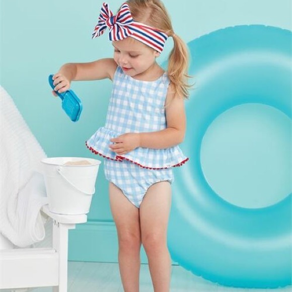 Mud Pie Swim Nwt Mud Pie Baby Reversible Swimsuit Bow Set Swim Gingham Ruffle Red White Blue